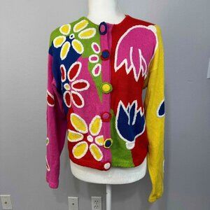 Vintage Nicole Summers Womens Cardigan Sweater Floral Novelty Multicolor Large